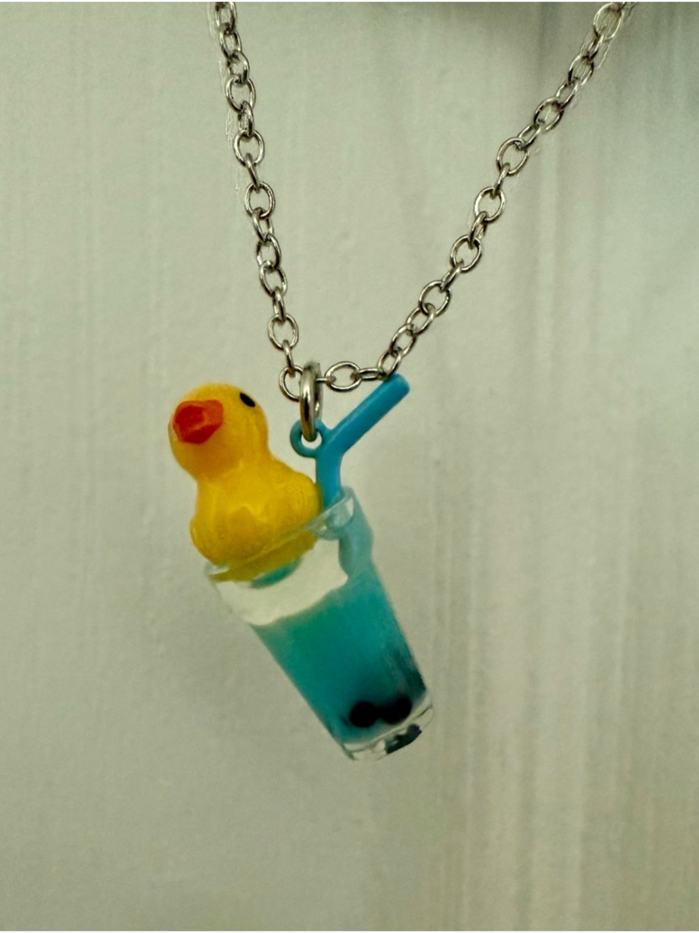 Yellow Duck in Blue Boba Drink Necklace
